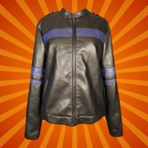 Hot Topic Social Collision Navy Blue Stripe Faux Leather Moto Jacket Size XL